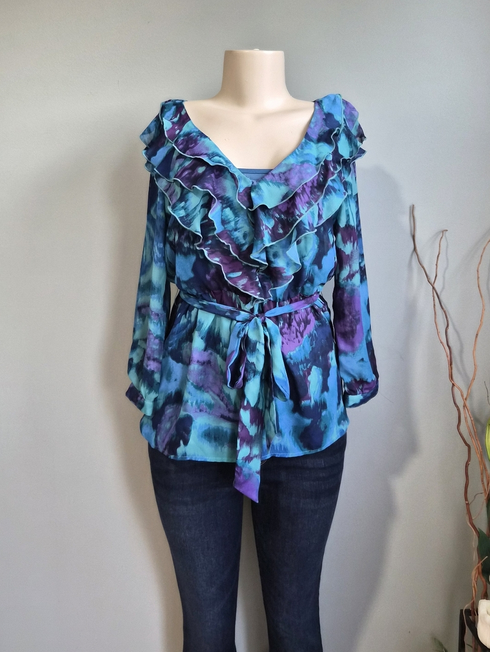 Adiva Teal & Purple Ruffle Tie-Waist Blouse Size M
